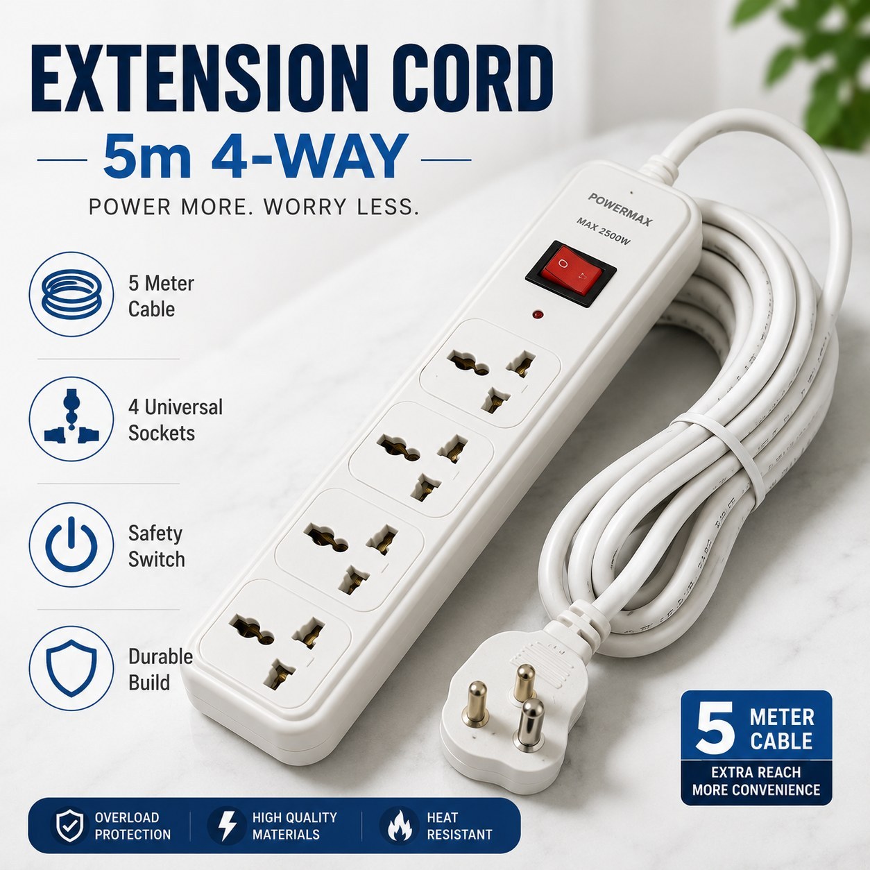 Extension Cord 5m 4-Way